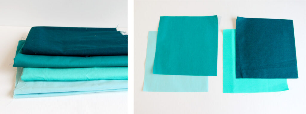 Cotton fabric pieces and neatly cut squares prepared for a sewing or quilting project
