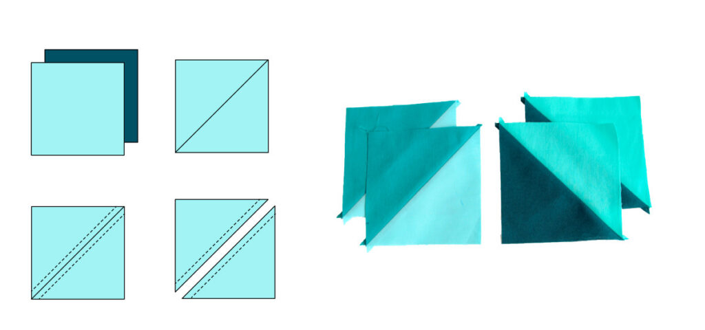 Vector instructions showing how to sew half-square triangles (HST) alongside completed HST quilt blocks