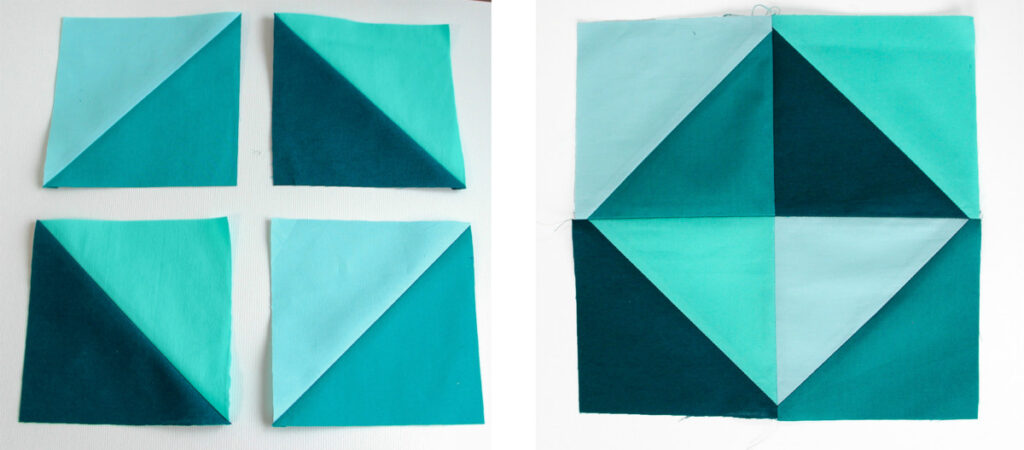 Prepared layout showing the sewing order of a half-square triangle quilt block next to the completed block